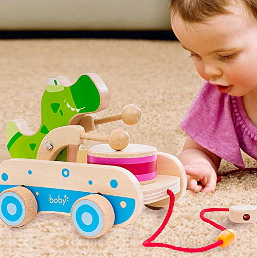 Wooden Baby Toys Car, Crocodile Beating Drum Pull Along Toddler Toy,Developmental Toy for 1 Year Old Girl Boy Birthday Gift