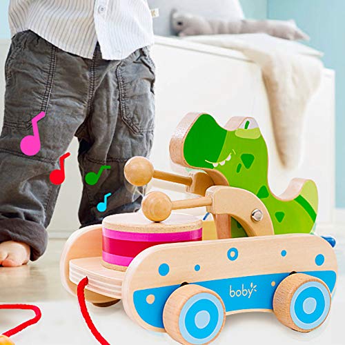 Wooden Baby Toys Car, Crocodile Beating Drum Pull Along Toddler Toy,Developmental Toy for 1 Year Old Girl Boy Birthday Gift