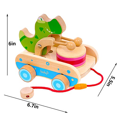 Wooden Baby Toys Car, Crocodile Beating Drum Pull Along Toddler Toy,Developmental Toy for 1 Year Old Girl Boy Birthday Gift