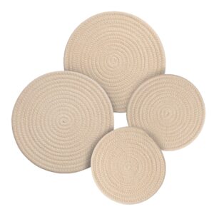 round cotton trivets set of 4 in beige by beets & berry, 7 inch and 9 inch diameter, pot holders, hot pads, hot mats, 100% pure eco cotton, boho, farmhouse, mid century modern, kitchen decor