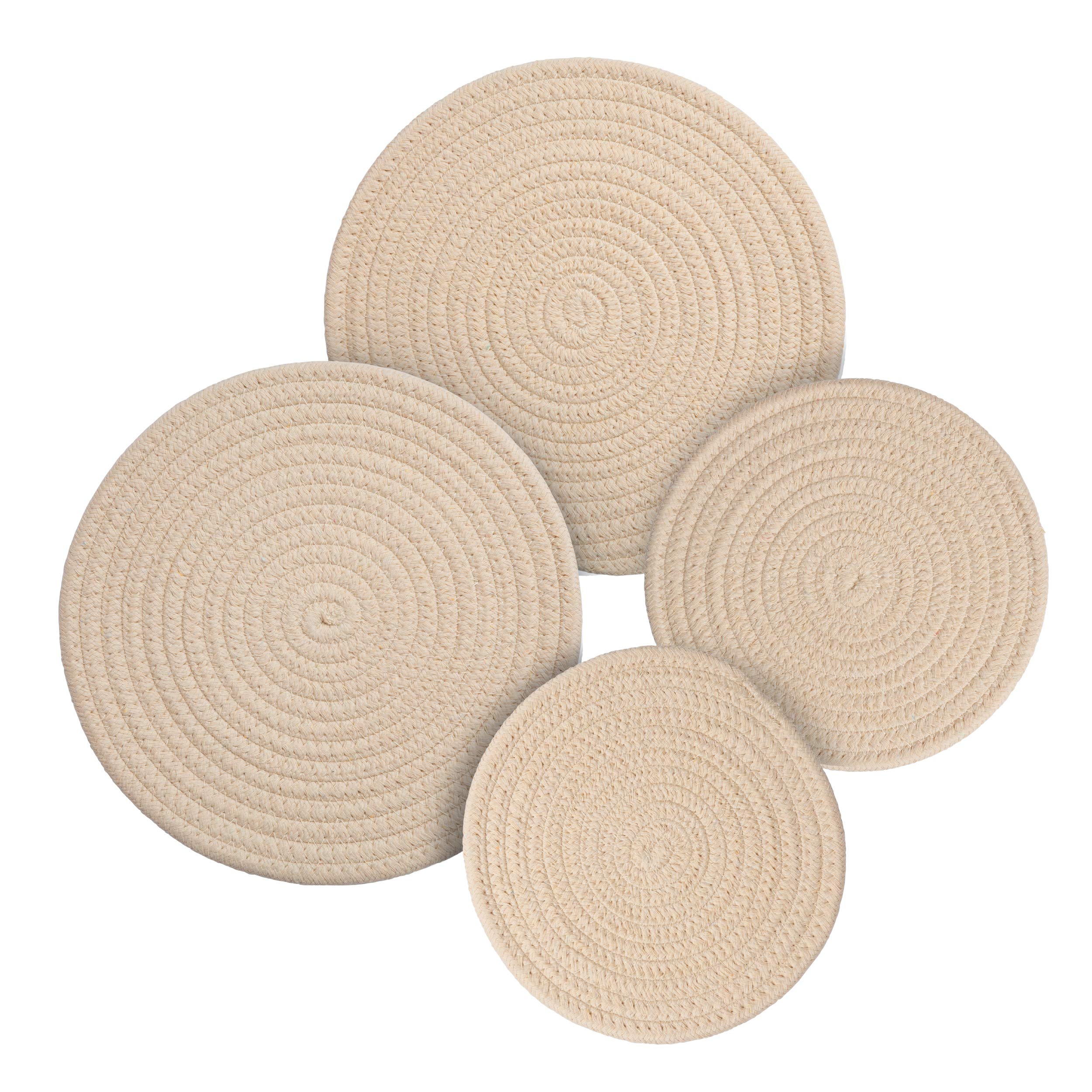 Round Cotton Trivets Set of 4 in Beige by Beets & Berry, 7 inch and 9 inch Diameter, Pot Holders, Hot Pads, Hot Mats, 100% Pure Eco Cotton, Boho, Farmhouse, Mid Century Modern, Kitchen Decor