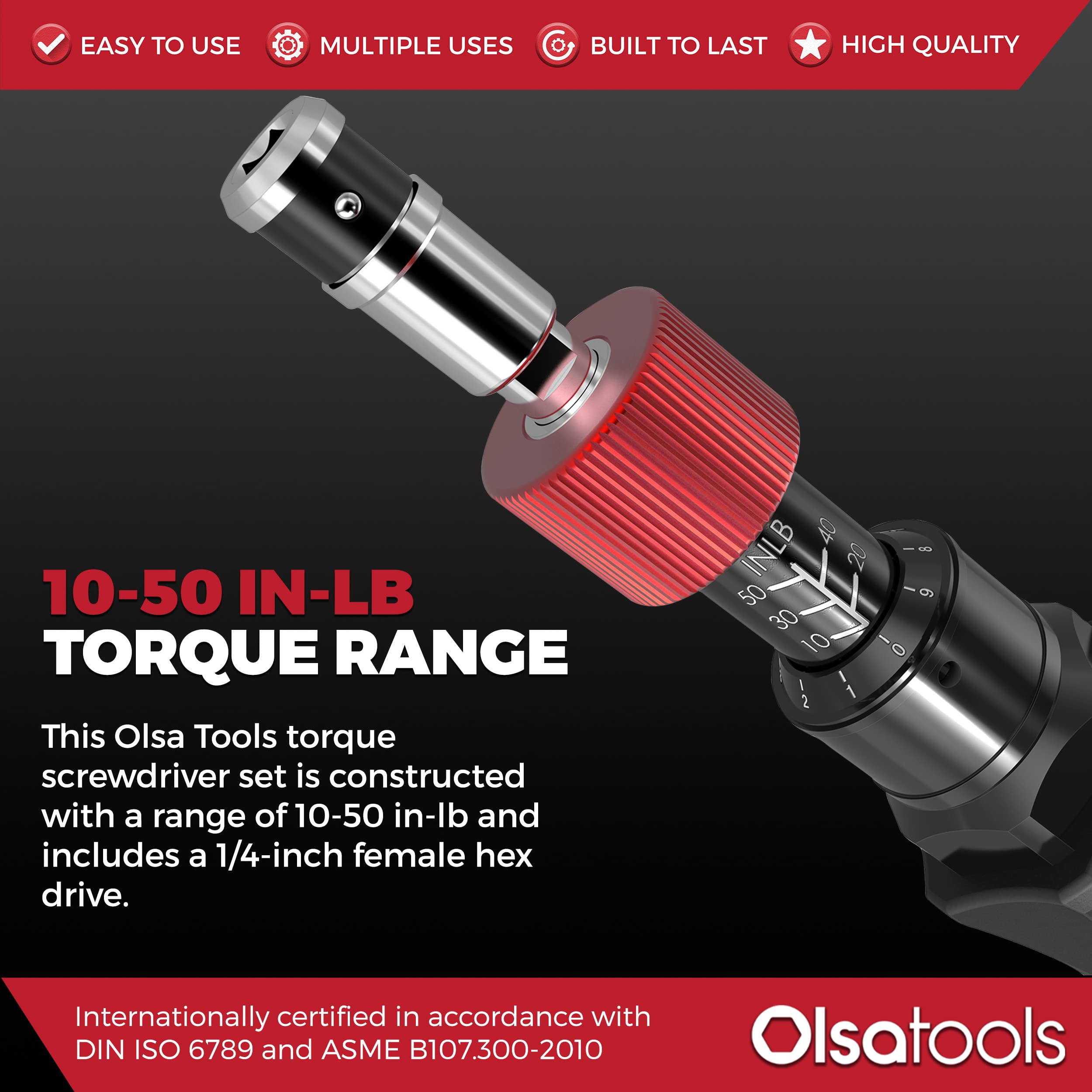 Olsa Tools Torque Screwdriver Set (10-50 in lb Torque Range) | Professional Grade Certified Limiting Torque Screwdriver | Inch Pounds Torque Driver Set