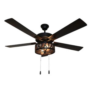 river of goods 52 inch led modern farmhouse ceiling fan with light - elegant rustic cabin ceiling fans with lights - metal drum shade - oil-rubbed bronze