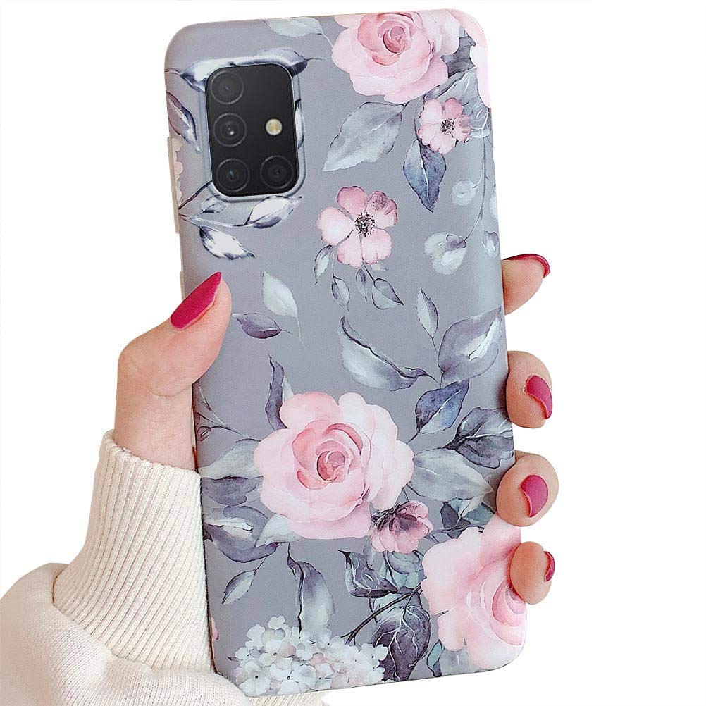YeLoveHaw for Samsung Galaxy A51 Phone Case for Women Girls,Soft Slim Fit Full-Around Protective Cute Case with Floral Purple Gray Leaves Pattern for Samsung GalaxyA51 (NOT Fit A51 5G)(Pink Flowers)