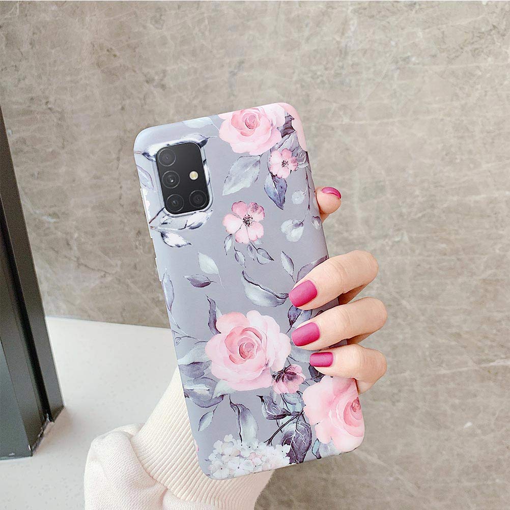 YeLoveHaw for Samsung Galaxy A51 Phone Case for Women Girls,Soft Slim Fit Full-Around Protective Cute Case with Floral Purple Gray Leaves Pattern for Samsung GalaxyA51 (NOT Fit A51 5G)(Pink Flowers)
