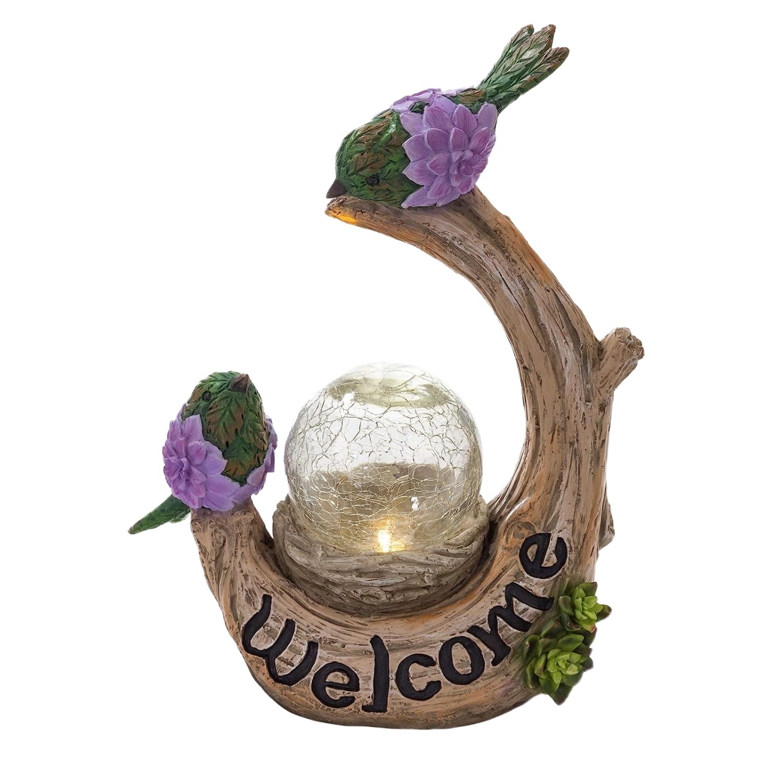 VP Home Welcome Birds Tree Trunk Solar Powered LED Outdoor Decor Garden Light with Crackled Glass Globe Welcome Birds Statues Outdoor Bird Decor Figurine Decor for Outside Patio, Yard, Lawn