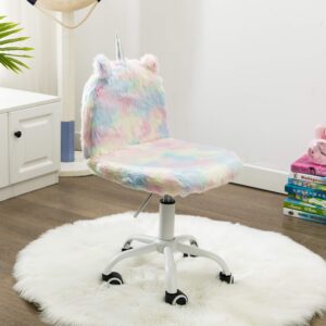 zhenghao cute kids desk chair, faux fur fuzzy adjustable children swivel chair colorful fluffy furry rolling study side chair with white foot