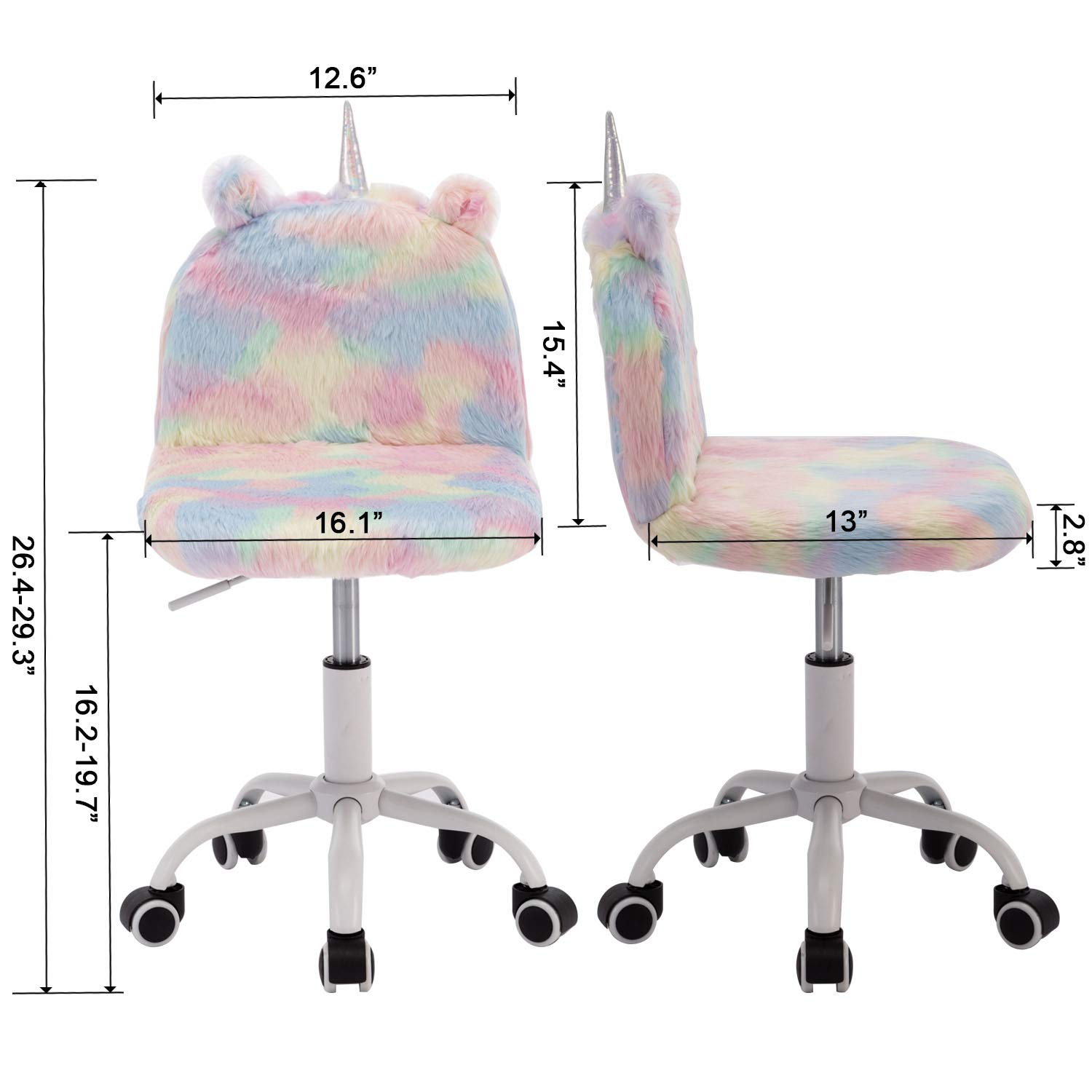 ZHENGHAO Cute Kids Desk Chair, Faux Fur Fuzzy Adjustable Children Swivel Chair Colorful Fluffy Furry Rolling Study Side Chair with White Foot