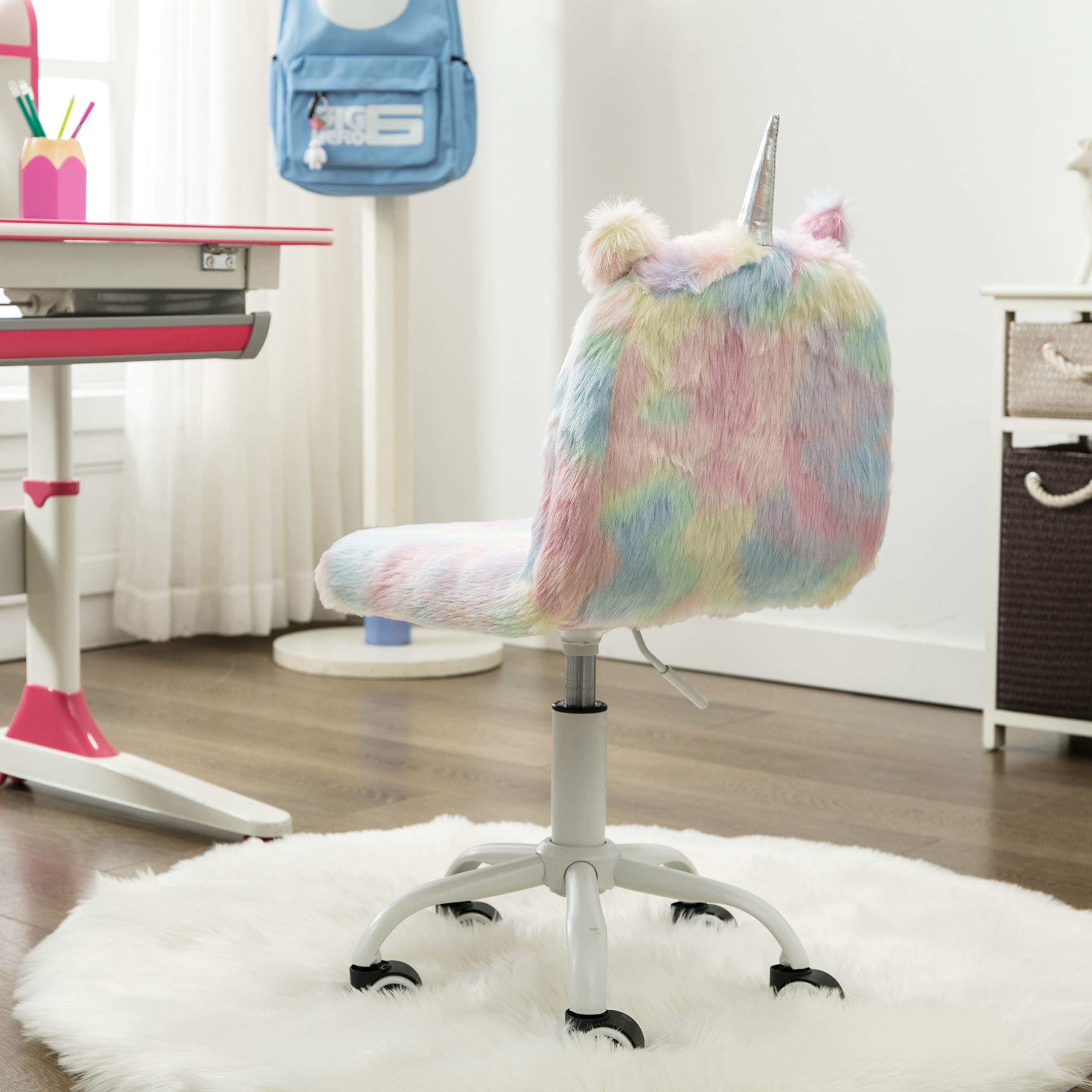 ZHENGHAO Cute Kids Desk Chair, Faux Fur Fuzzy Adjustable Children Swivel Chair Colorful Fluffy Furry Rolling Study Side Chair with White Foot