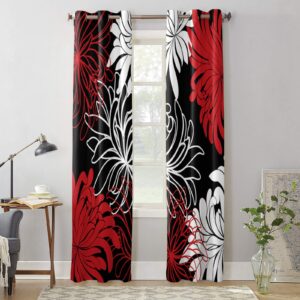 black out window curtains floral printed - 2 panels thermal curtain drapes insulated window treatments for bedroom living room, w 27.5 x l 39 inches chrysanthemum flower red black white, one pair