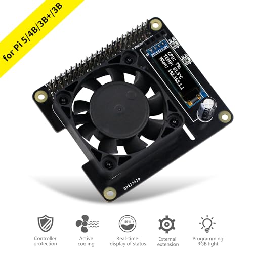 Yahboom Raspberry Pi Quiet Cooling Fan for Raspberry Pi 5 4B 3B+ 3B Intelligent Temperature Control Programmable RGB（OLED Display Include）