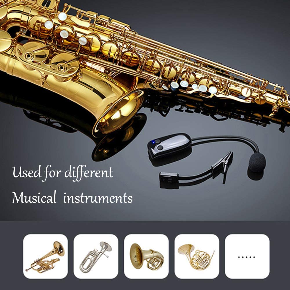 UHF Wireless Instruments Saxophone Microphone, with Receiver Detachable Clip, Universal for Speaker Professional Musical Orchestra Trumpet HiFi Megaphone Voice Amplifier Condenser Mini Mic