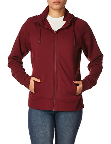 Danskin Women's Double Collar Full Zip Hooded Jacket, Burgundy, Small