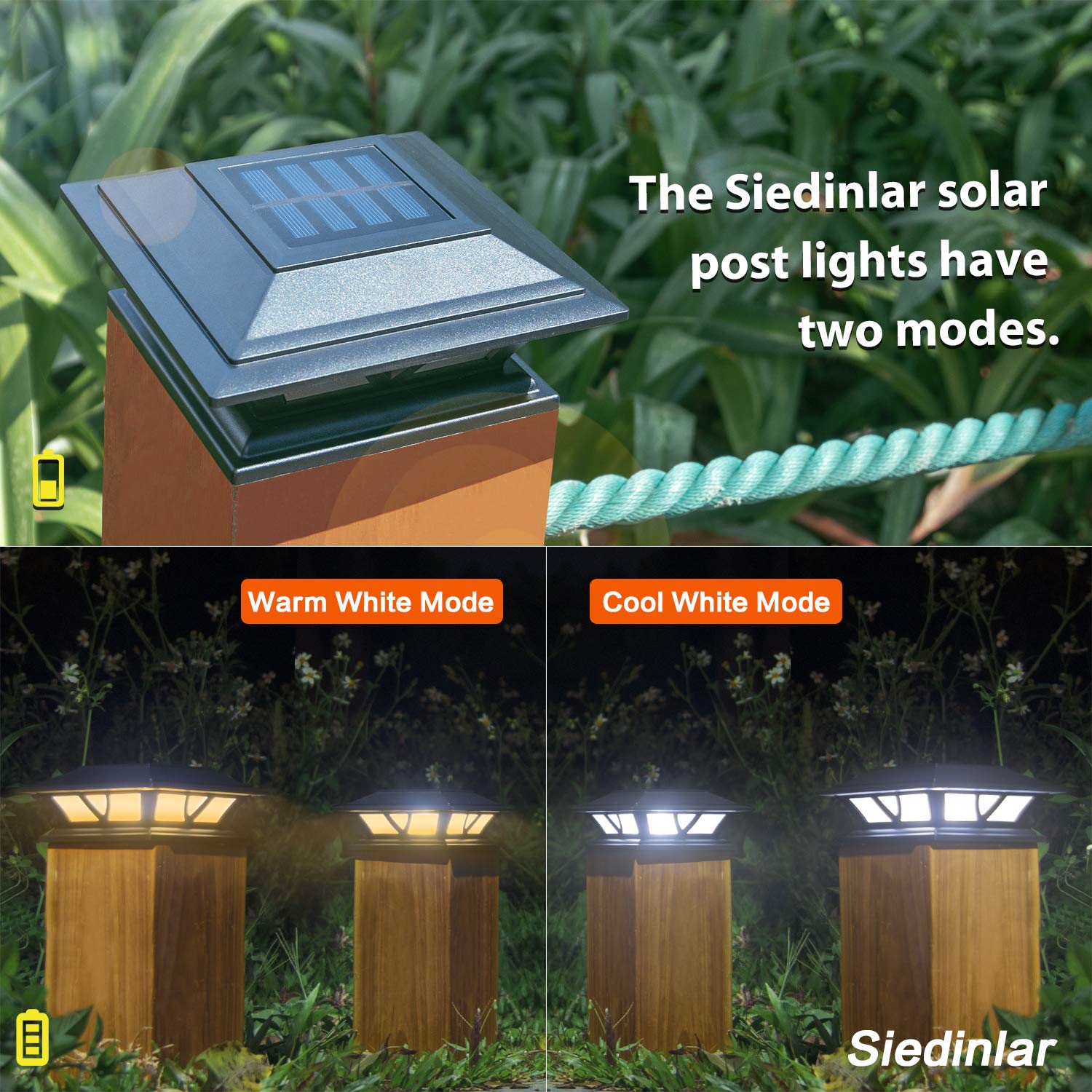 SIEDiNLAR Solar Post Lights Outdoor 2 Modes LED Deck Fence Cap Light for 4x4 5x5 6x6 Posts Patio Garden Decoration Warm White/Cool White Lighting Black (2 Pack)