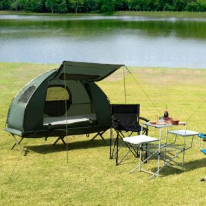 Double Tent Bed, Portable Camping Tent with Air Mattress and Pillow, Folding Camping Cot of Metal Frame, Double Sleep Bag with Polyester Canopy, for Outdoor Family Camping Picnic - Military Green