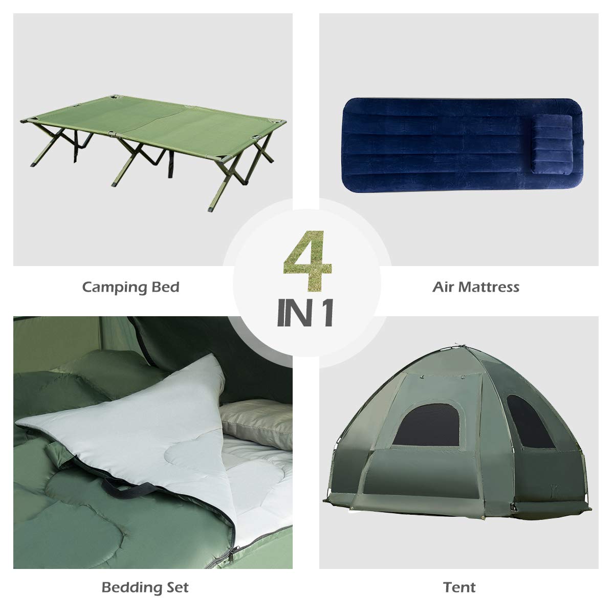 Double Tent Bed, Portable Camping Tent with Air Mattress and Pillow, Folding Camping Cot of Metal Frame, Double Sleep Bag with Polyester Canopy, for Outdoor Family Camping Picnic - Military Green