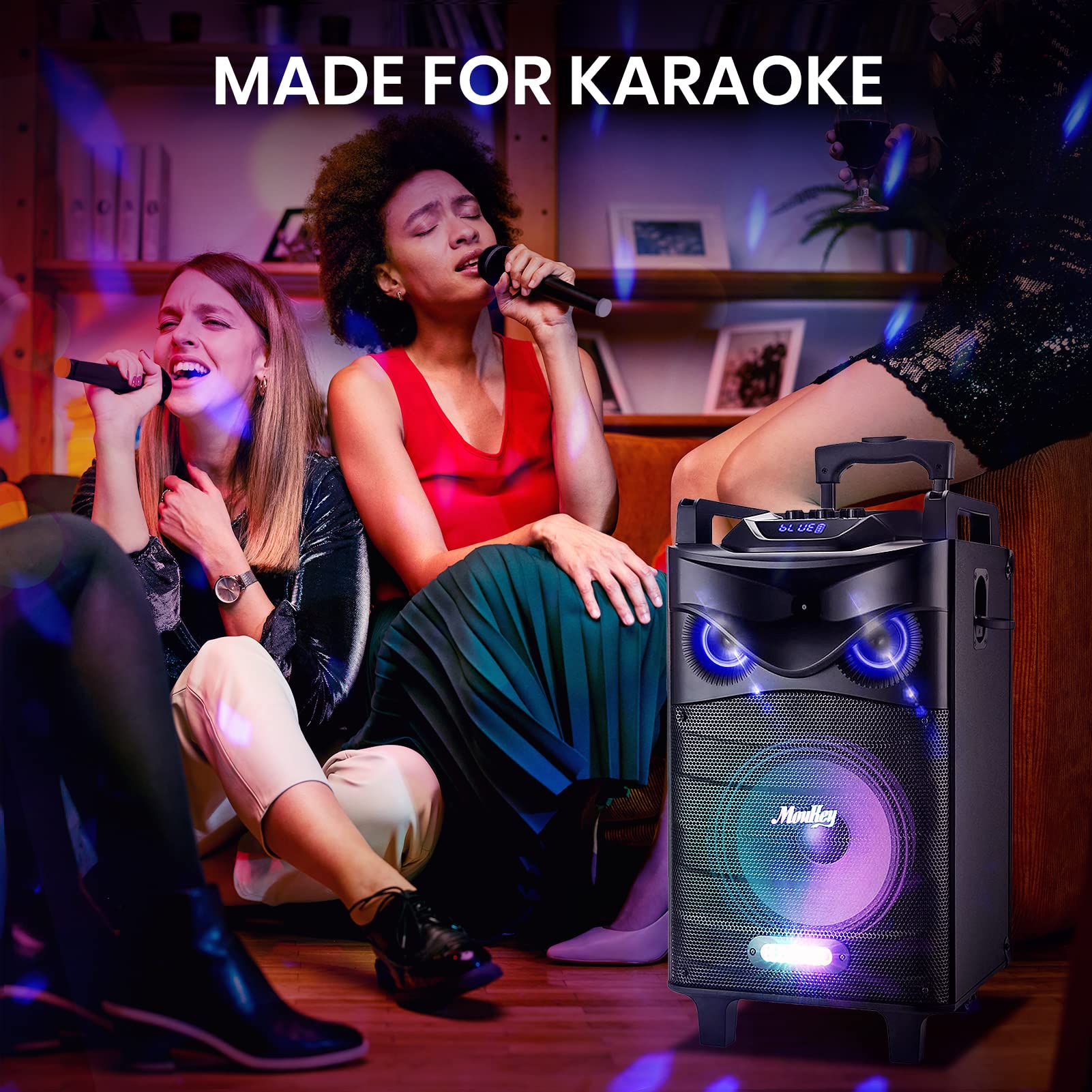 Moukey Karaoke Machine, PA System Woofer, Portable Bluetooth Speaker w/ 2 Wireless Microphones, Lyrics Display Holder, Party Lights & Echo/Treble/Bass Adjustment, Support TWS/REC/AUX/MP3/USB/TF/FM