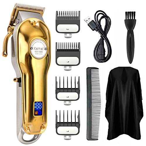 Kemei Golden Cordless Professional Hair Clippers Hair Trimmer for Men for Stylists and Barbers Full Metal Housing Hair Clipper USB Charge (Golden)