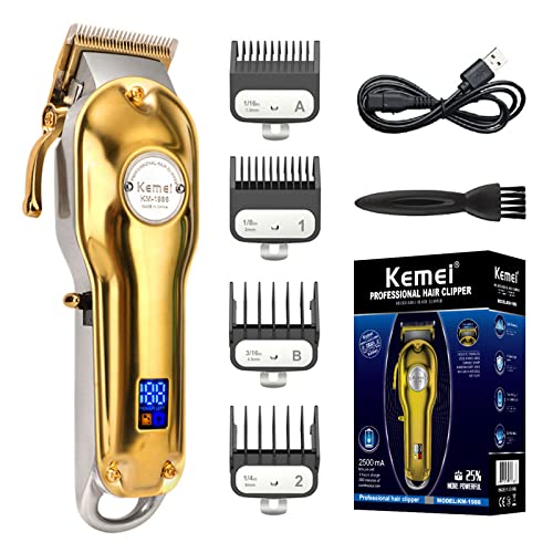 Kemei Golden Cordless Professional Hair Clippers Hair Trimmer for Men for Stylists and Barbers Full Metal Housing Hair Clipper USB Charge (Golden)