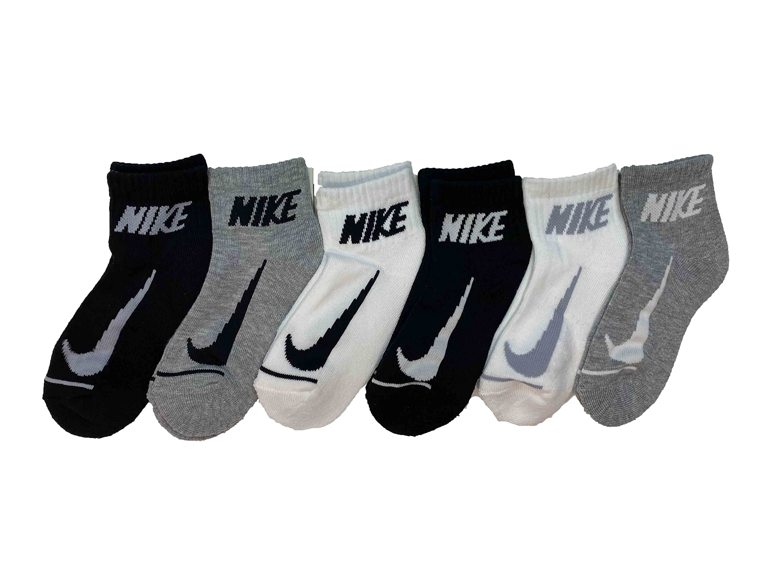 Nike Boy`s Cushioned Quarter Socks 6 Pack (Black(BN0508-042)/White/Grey, 5-7(Kids 10C-3Y))