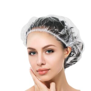 50ps disposable shower caps, plastic clear shower caps, lengthening and thickening hair caps for hair dyeing assistance, hotel and hair salon, home use, portable travel (size 20.5"/52cm）