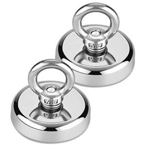 fishing magnets 2 pack, 500lbs pulling force super strong round neodymium rare earth magnet with countersunk hole eyebolt for magnetic fishing, river, salvage, treasure hunting, 2.36" diameter