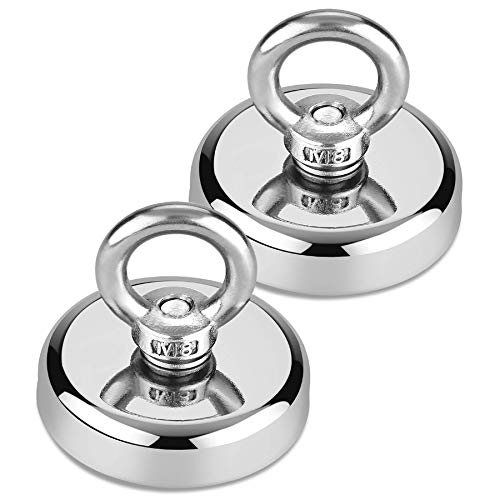 Fishing Magnets 2 Pack, 500lbs Pulling Force Super Strong Round Neodymium Rare Earth Magnet with Countersunk Hole Eyebolt for Magnetic Fishing, River, Salvage, Treasure Hunting, 2.36" Diameter