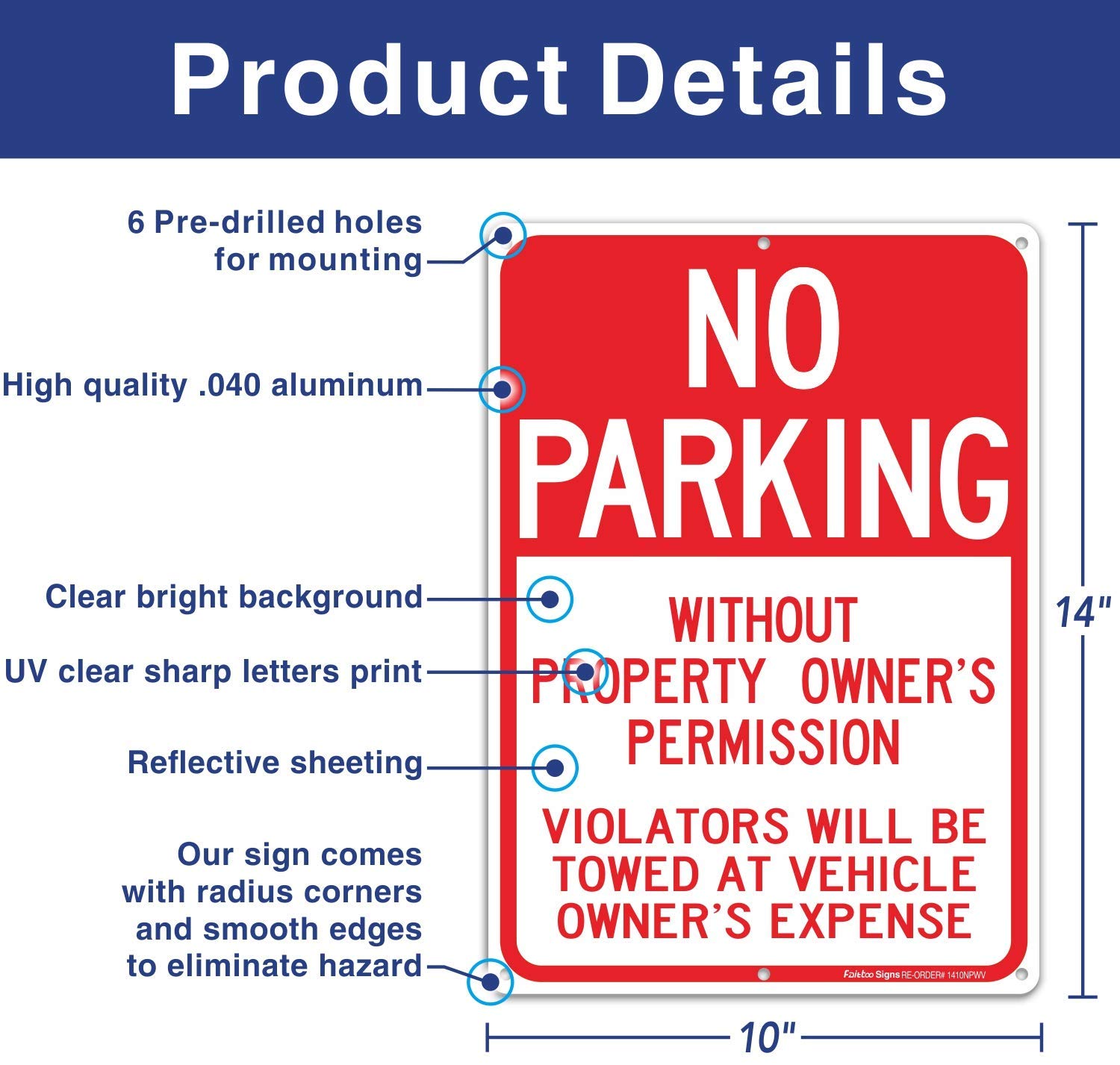 No Parking Without Property Owner's Permission Sign, Violators Will Be Towed at Vehicle Owner's Expense (3 Pack) 14 x 10 Inches .40 Rust Free Aluminum Reflective Sign, UV Protected,Weather Resistant,W