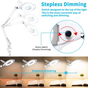 KIRKAS LED Dimmable Magnifying Lamp with Clamp, 2,200 Lumens Super Bright Magnifying Glass with Light, Adjustable Metal Swivel Arm Magnifier Desk Light for Close Work, Crafts, Reading, Repair - 2.25X