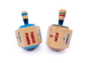 pirinola toma todo set – wood spinning top game – set of 2 - kids and adults party games for mexican fiesta, bachelor parties or baby shower, 4 inches tall