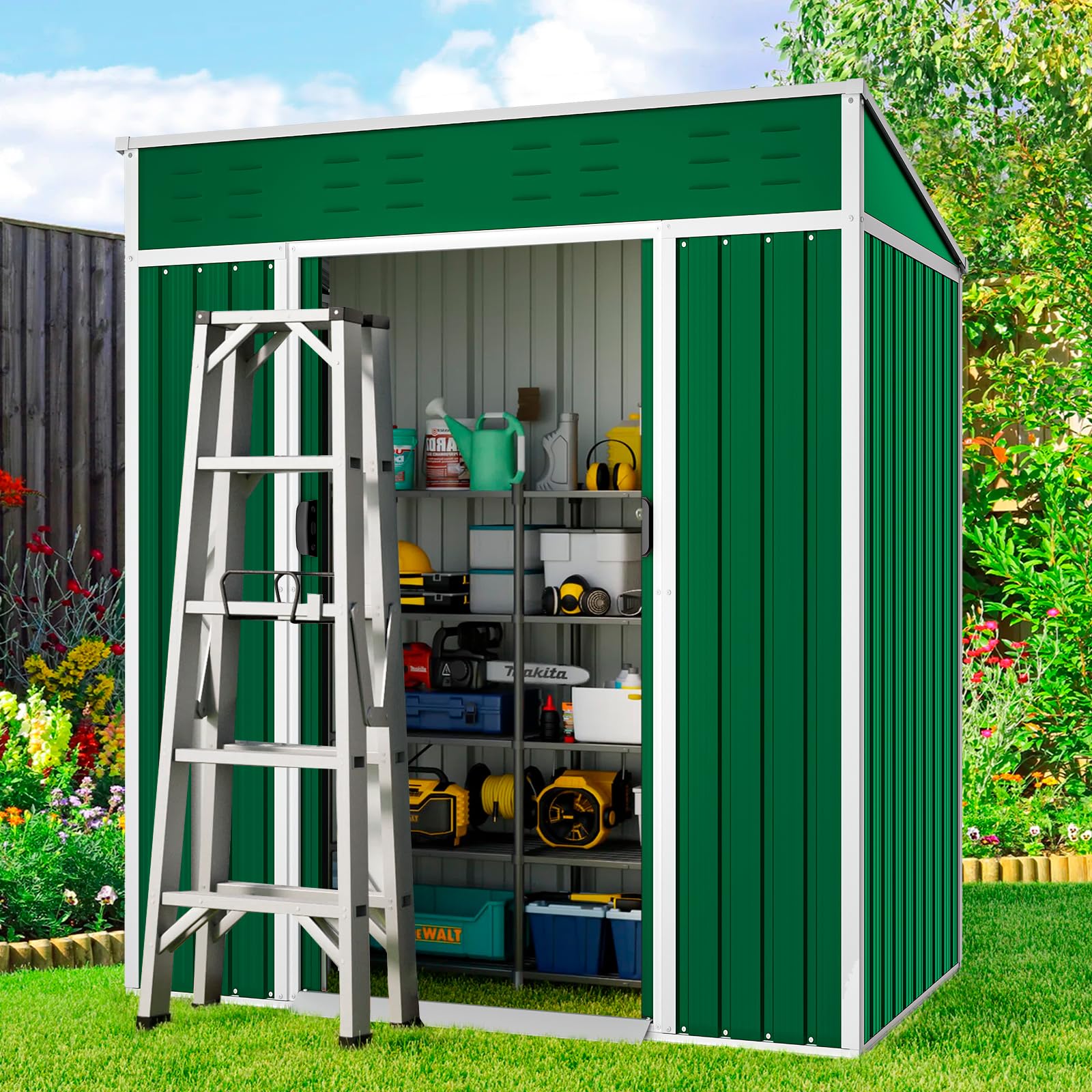 Patiomore 4X6 FT Outdoor Garden Storage Shed Yard Storage Tool Steel House with Sliding Door (Green)