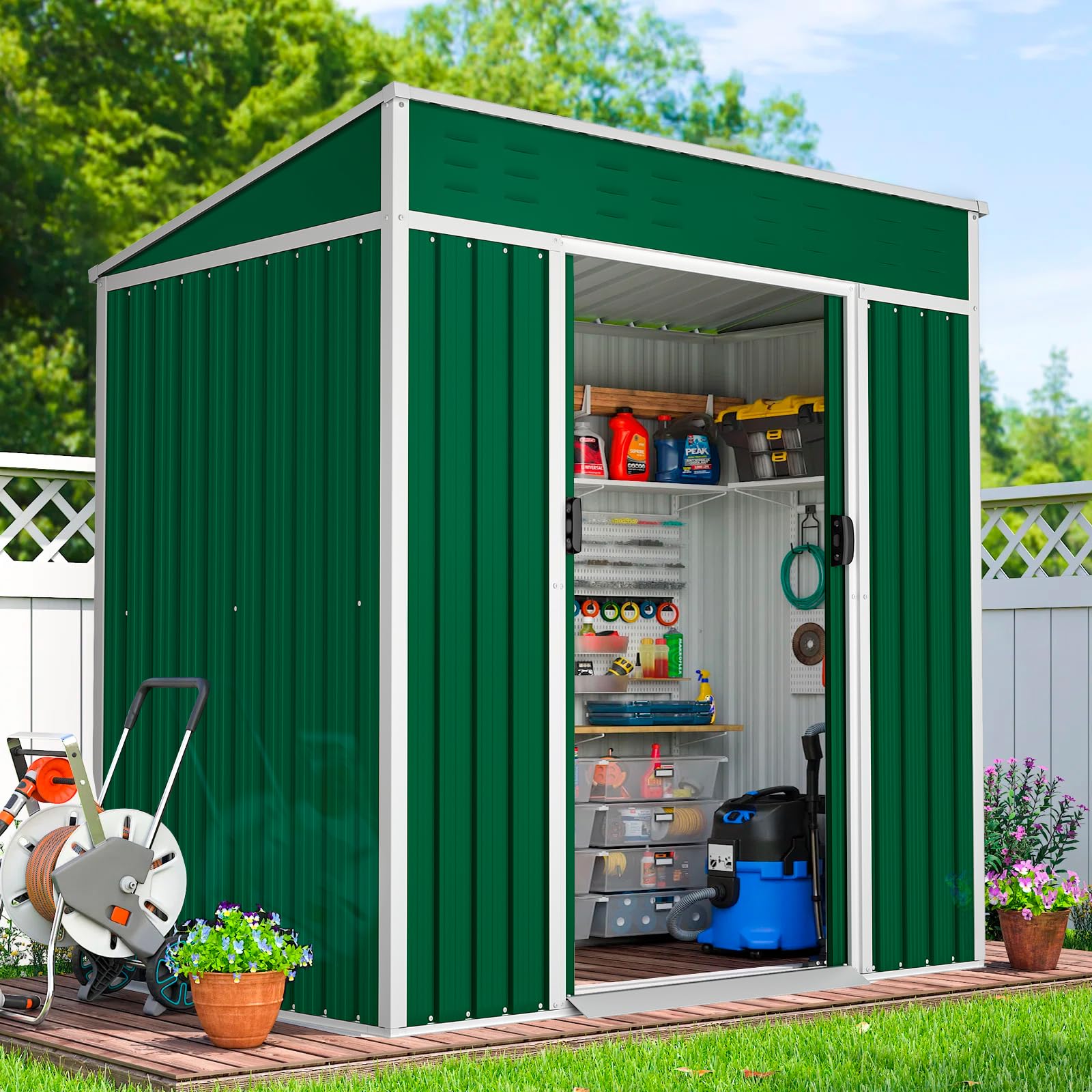 Patiomore 4X6 FT Outdoor Garden Storage Shed Yard Storage Tool Steel House with Sliding Door (Green)