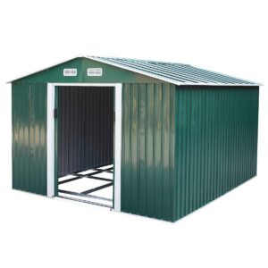 9.1' x 10.5' large outdoor backyard garden storage sturdy shed utility tool organizer w/gable roof, double lockable sliding door, 4 vents, stable base - green