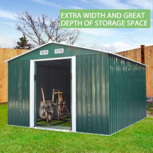 9.1' x 10.5' Large Outdoor Backyard Garden Storage Sturdy Shed Utility Tool Organizer w/Gable Roof, Double Lockable Sliding Door, 4 Vents, Stable Base - Green