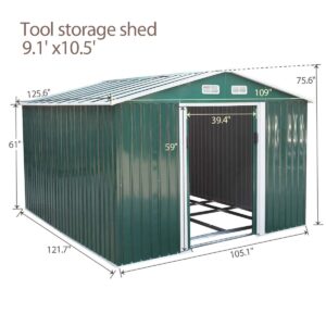 9.1' x 10.5' Large Outdoor Backyard Garden Storage Sturdy Shed Utility Tool Organizer w/Gable Roof, Double Lockable Sliding Door, 4 Vents, Stable Base - Green