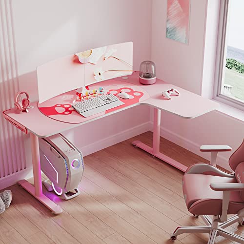 EUREKA ERGONOMIC L60 Gaming Desk L Shaped, 60 Inch Large Pink Computer Table Home Office Corner Study Writing Modern Workstation w Mouse Pad Cable Management, Space Saving, Gift for Girl Female, Right