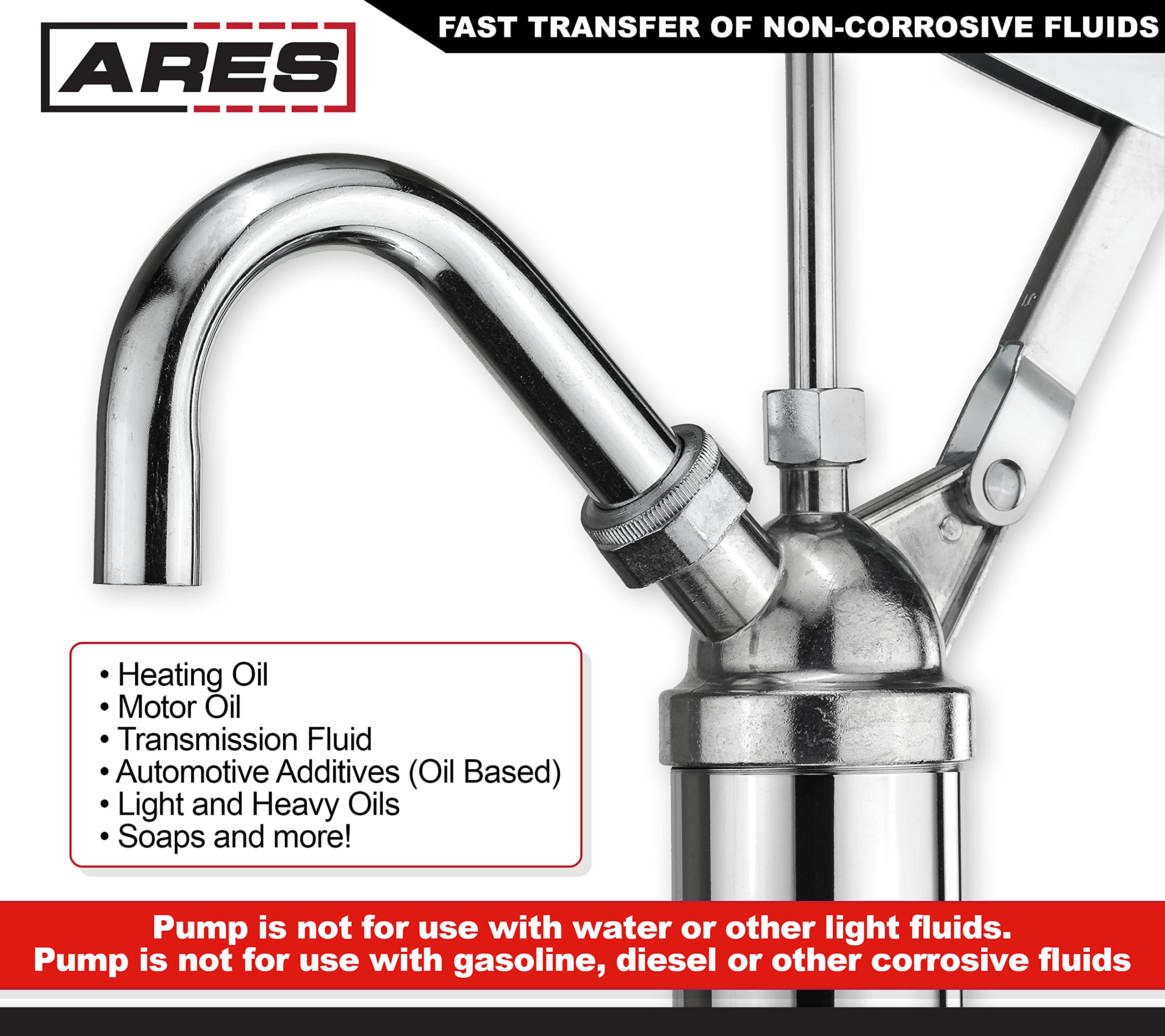 ARES 55000 - Oil Barrel Pump - 2-Piece Telescoping Suction Tube Fits 15-55 Gallon Drums - Designed to Deliver Base Oil, Transmission Oil and Heavier Fluids - Removable Heavy Duty Spout