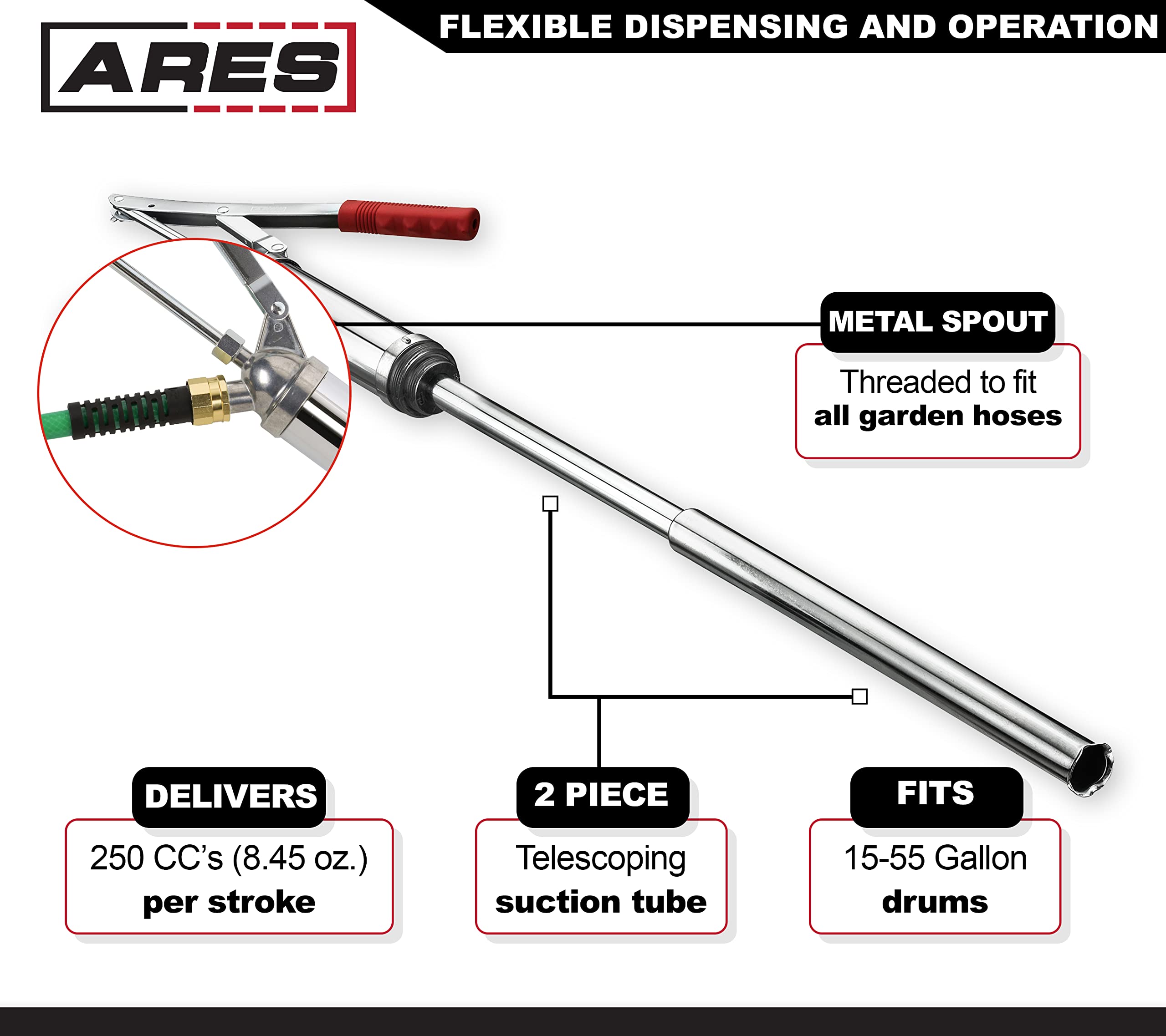 ARES 55000 - Oil Barrel Pump - 2-Piece Telescoping Suction Tube Fits 15-55 Gallon Drums - Designed to Deliver Base Oil, Transmission Oil and Heavier Fluids - Removable Heavy Duty Spout