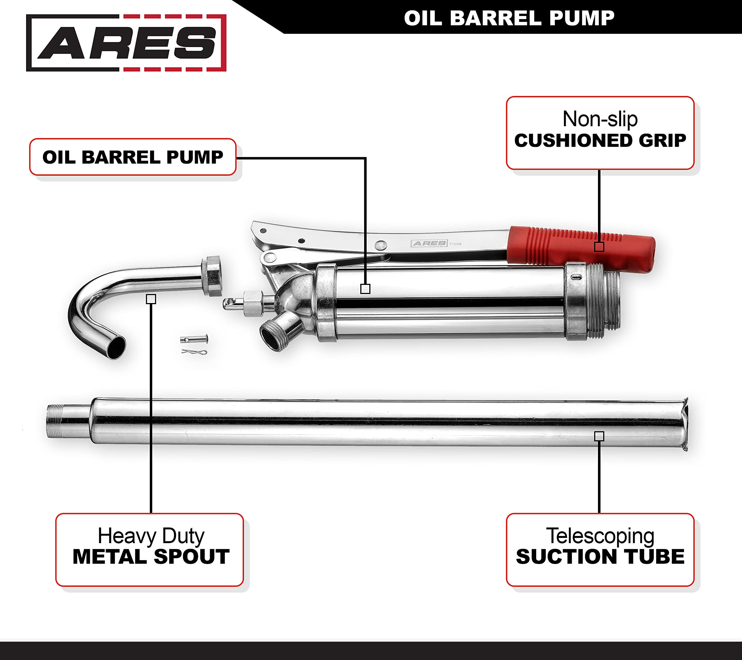 ARES 55000 - Oil Barrel Pump - 2-Piece Telescoping Suction Tube Fits 15-55 Gallon Drums - Designed to Deliver Base Oil, Transmission Oil and Heavier Fluids - Removable Heavy Duty Spout