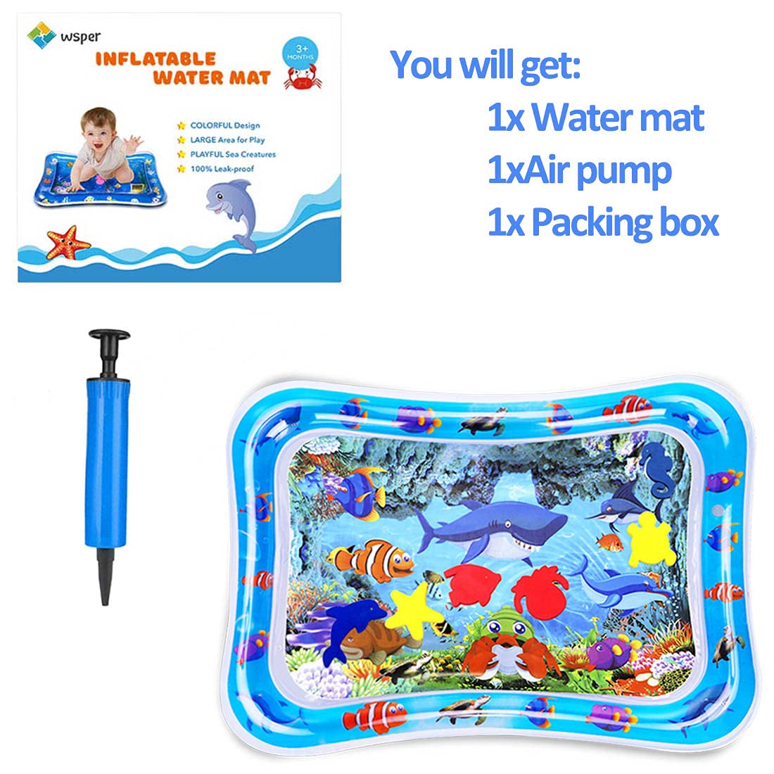 WSPER Tummy Time Water Mat Inflatable Baby Water Play mat for 3+ Months Newborn Girl & Boy Early Activity Center