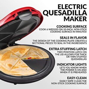 Taco Tuesday Deluxe 10-inch 6-Wedge Electric Quesadilla Maker with Extra Stuffing Latch, Red