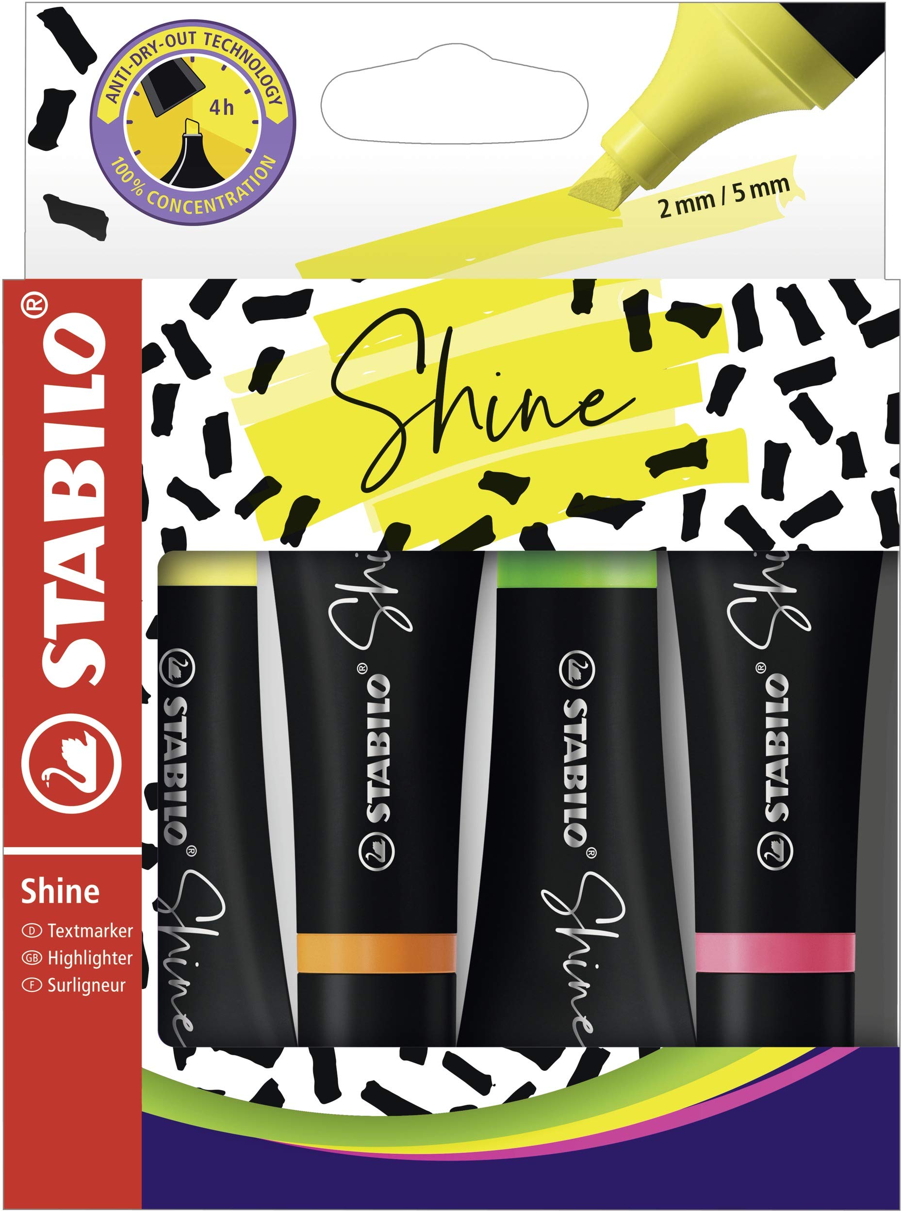 STABILO Highlighter Shine - Wallet of 4 - Assorted Colours