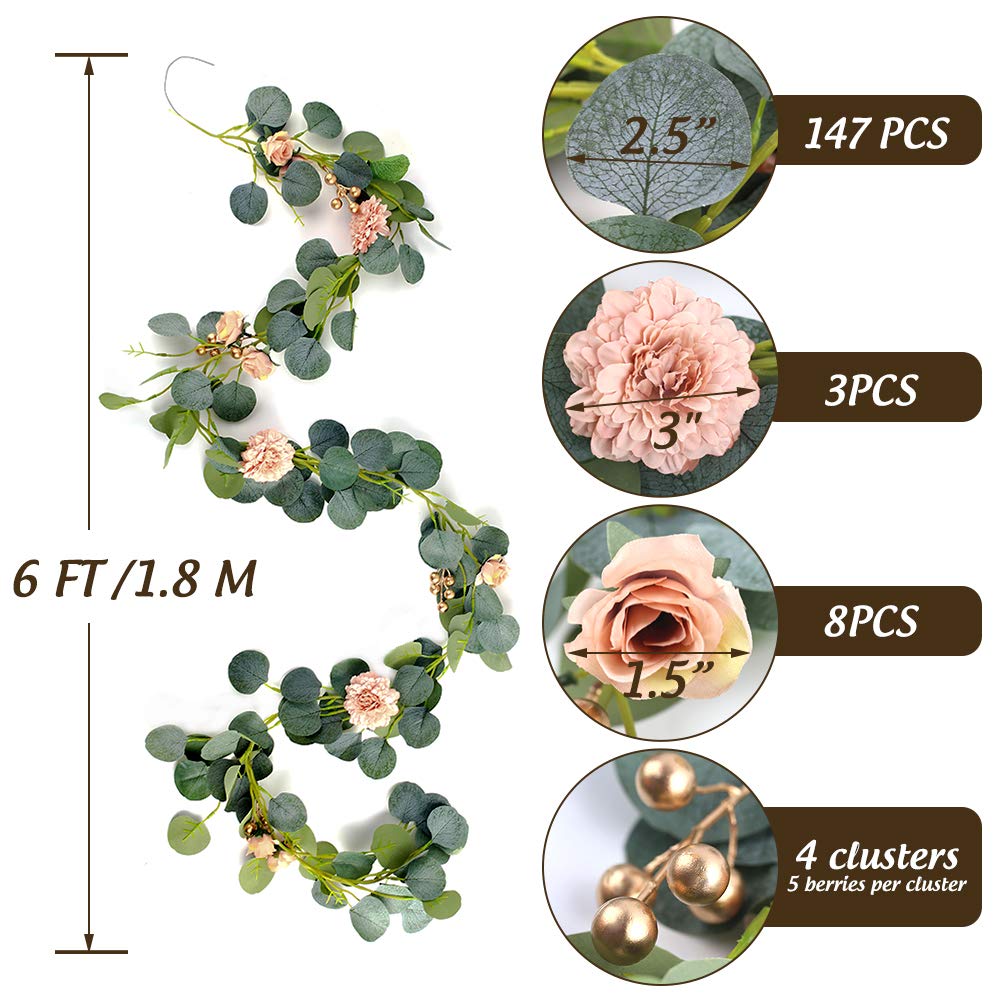 BigOtters 6Ft Artificial Flower Vine, Fake Silk Eucalyptus Garland Leaves Vine Artificial Berry Vine Hanging Vine Flowers Garland for Outdoor Wedding Backdrop Wall Decor Party Arch Garden Home Favor