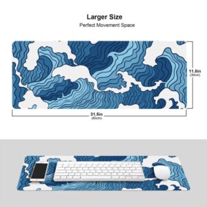 Japanese Blue and White Wave Gaming Mouse Pad XL, Non Slip Rubber Base Mousepad, Stitched Edges Desk Pad, Extended Large Mice Pad,31.5 X 11.8 Inch