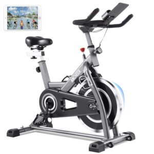 ancheer indoor cycling bike, stationary exercise bike with heart rate monitor, comfortable seat cushion, 49lbs heavy flywheel, adjustable seat and handlebar, app control