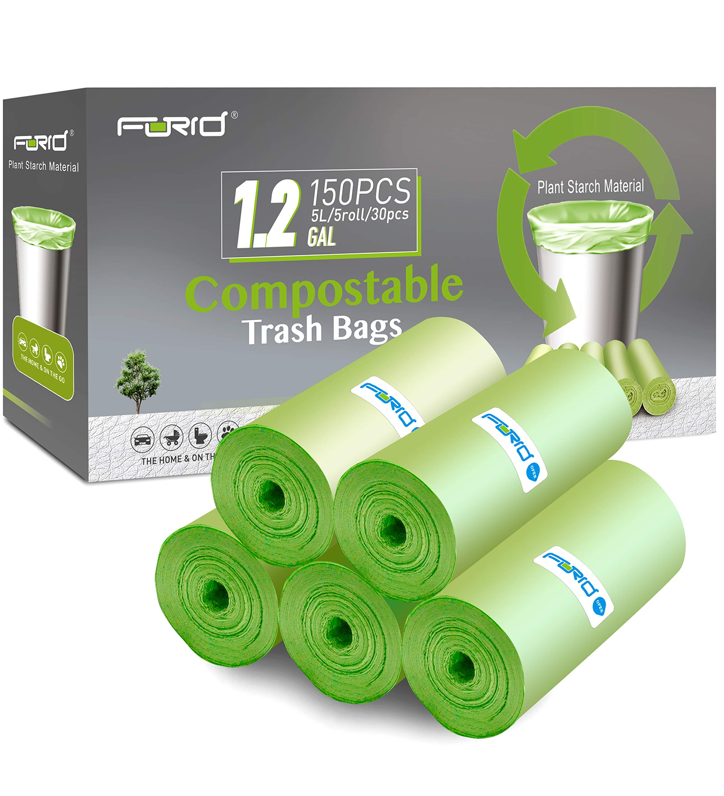 Compostable Trash Bags - FORID 1.2 Gallon Small Garbage Bags 150 Count Mini Strong Trash Can Liners 5 Liter Unscented Wastebasket Bags for Kitchen Bathroom Office Home Garbage Can (5 Rolls/Green)