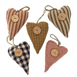 set of 5 rustic plaid homespun cotton fabric heart farmhouse christmas or wedding ornaments with wood button