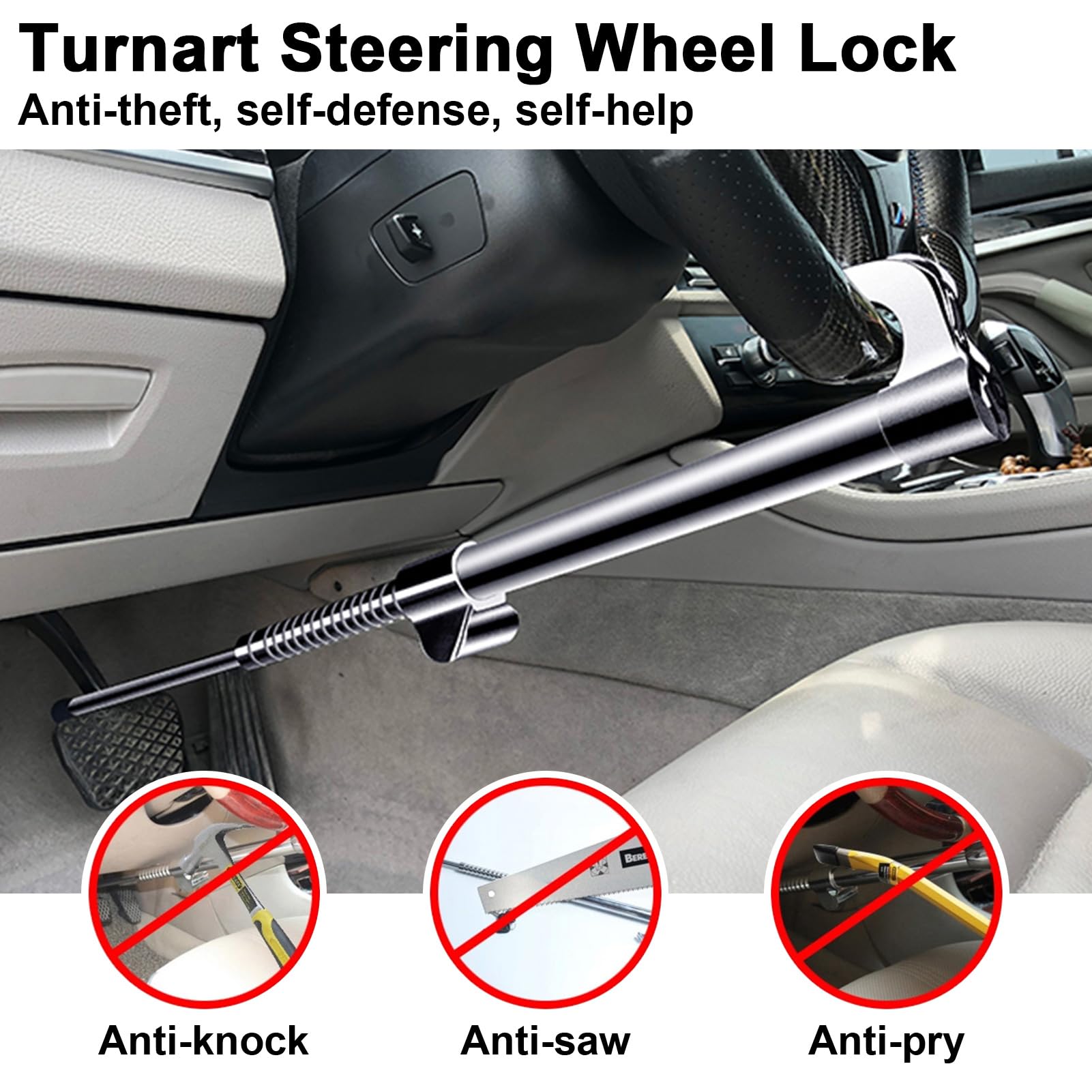 Turnart Steering Wheel Lock Anti-Theft Device Universal Brake Lock Bar Telescopic Double Hook Pedal Lock Adjustable Car Lock for Sedan Truck Van SUV Security with 3 Keys (Max Length: 34in)