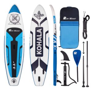 Run Wave Inflatable Stand Up Paddle Board 11'×33''×6''(6'' Thick) Non-Slip Deck with Premium SUP Accessories | Wide Stance, Bottom Fins for Surfing Control | Youth Adults Beginner (Kohala Blue)