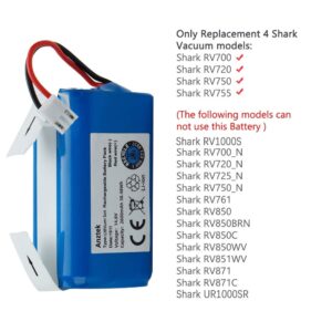 Anztek Replacement Shark Ion RVbat700 Battery for RV700,RV720,RV725,RV750 Model 14.8V 2600mAh Rechargeable Battery (3 Prong Plug)